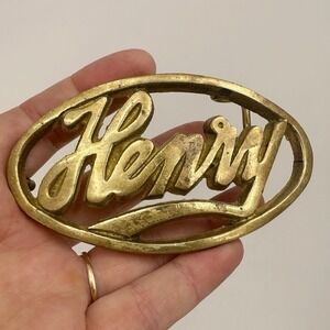 Henry - Brass Oval Belt Buckle Name In Cursive Marked Solid Brass Taiwan‎